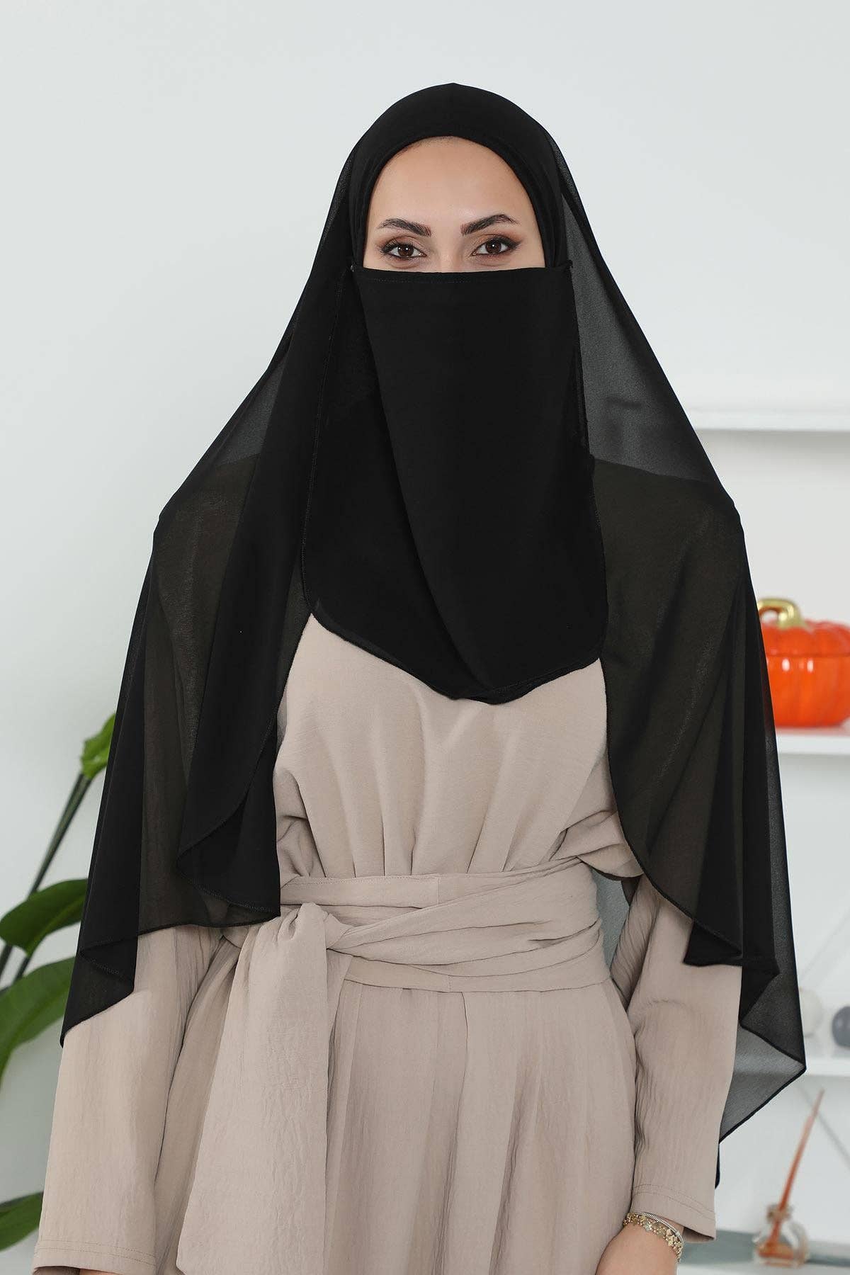 Black Veil with Attached Chiffon Shawl, One-Piece Instant Niqab Hijab Scarf, Lightweight Modest Face and Head Covering,PC-1 for wholesale on Faire6