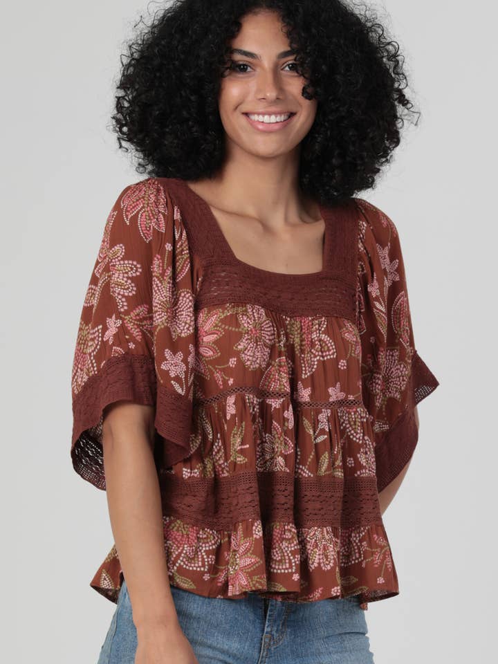 C2D59-A935 LACE TRIM TIERED BLOUSE for wholesale by ANGIE