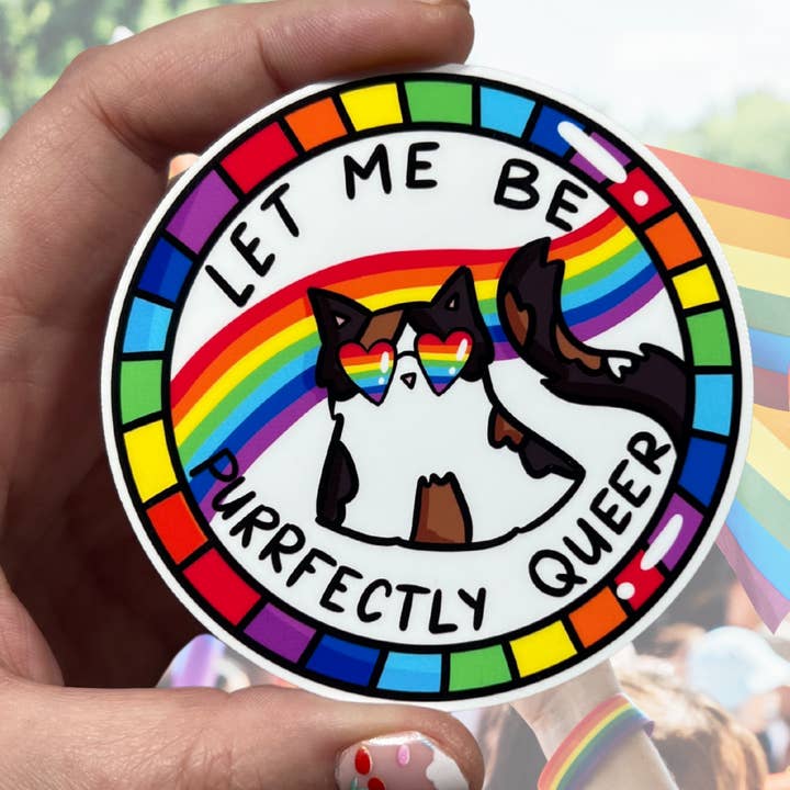 Let Me Be Purrfectly Queer Rainbow Cat Glossy Vinyl Sticker for wholesale by familiar sadie