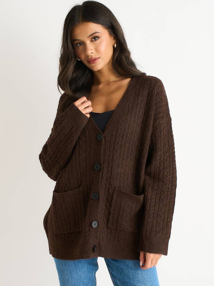 Brown Cable Patch Pocket Knitted Cardigan for wholesale by GINI LONDON