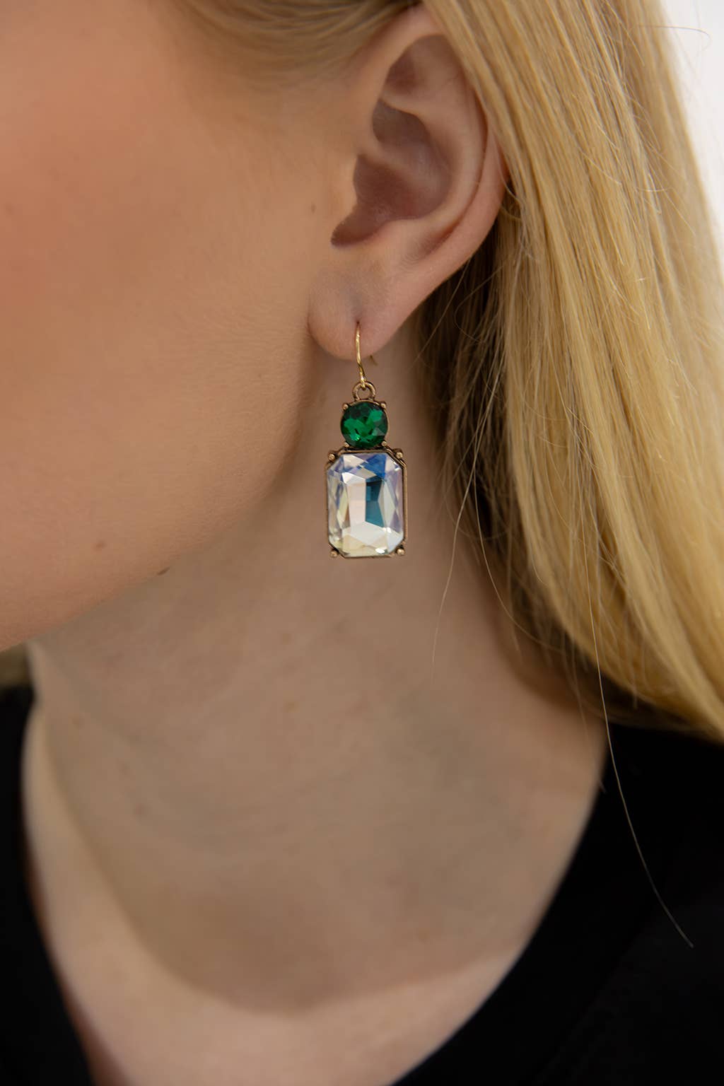 Last True Angel - Wholesale Dangle Earrings - Twin Gem Earring in Clear & Emerald Green1