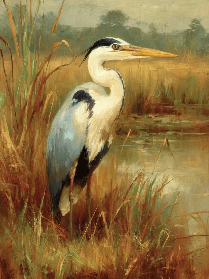 Grand Héron debout - Art Américain de la Faune - Œuvre 8"x10" pour Cadre 11"x14" pour la vente par Mowbi