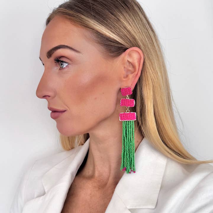 Pink and Green Beaded Tassel Statement Earrings for wholesale by Nicholls Jewellery