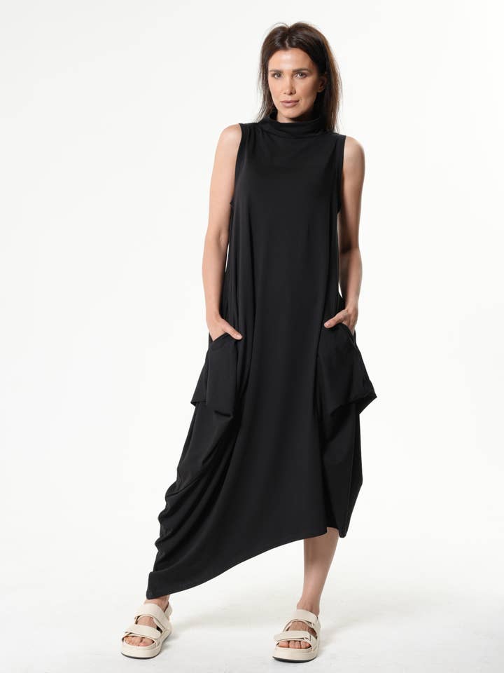 Sleeveless Cotton Dress In Black for wholesale by Metamorphoza
