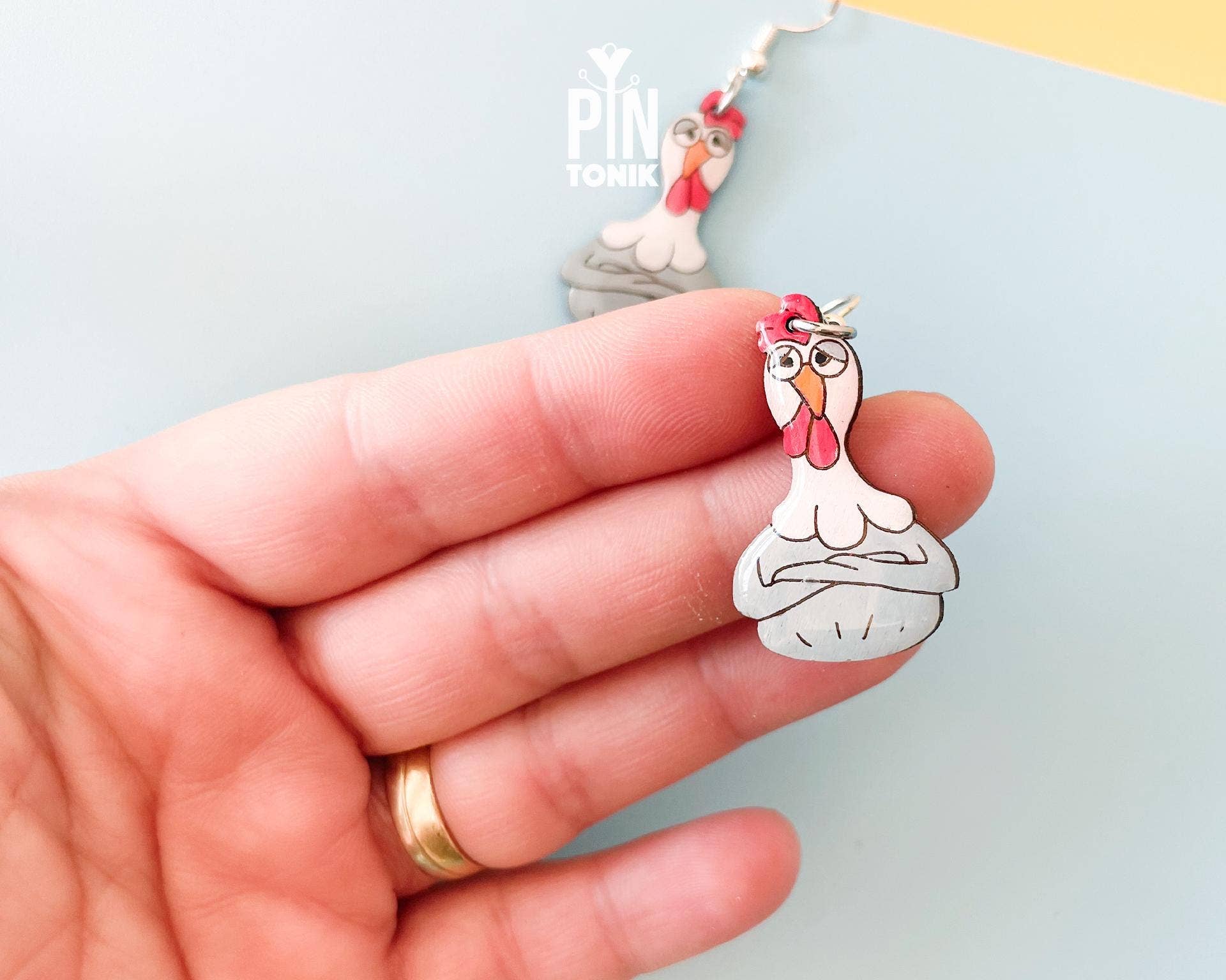 PinTonik - Wholesale Dangle Earrings - Chicken Hen Dangle Earrings in Wood and Sterling Silver6