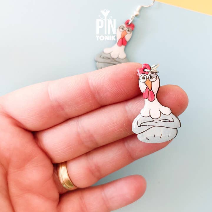 PinTonik - Wholesale Dangle Earrings - Chicken Hen Dangle Earrings in Wood and Sterling Silver6