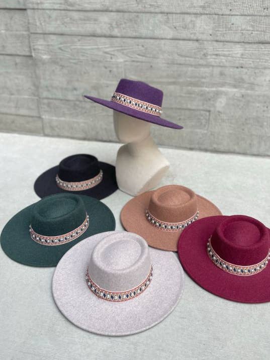 Vegan Felt Wide Brim Boater, Bolero Hat with Pearl Band for wholesale by Love and Thyme