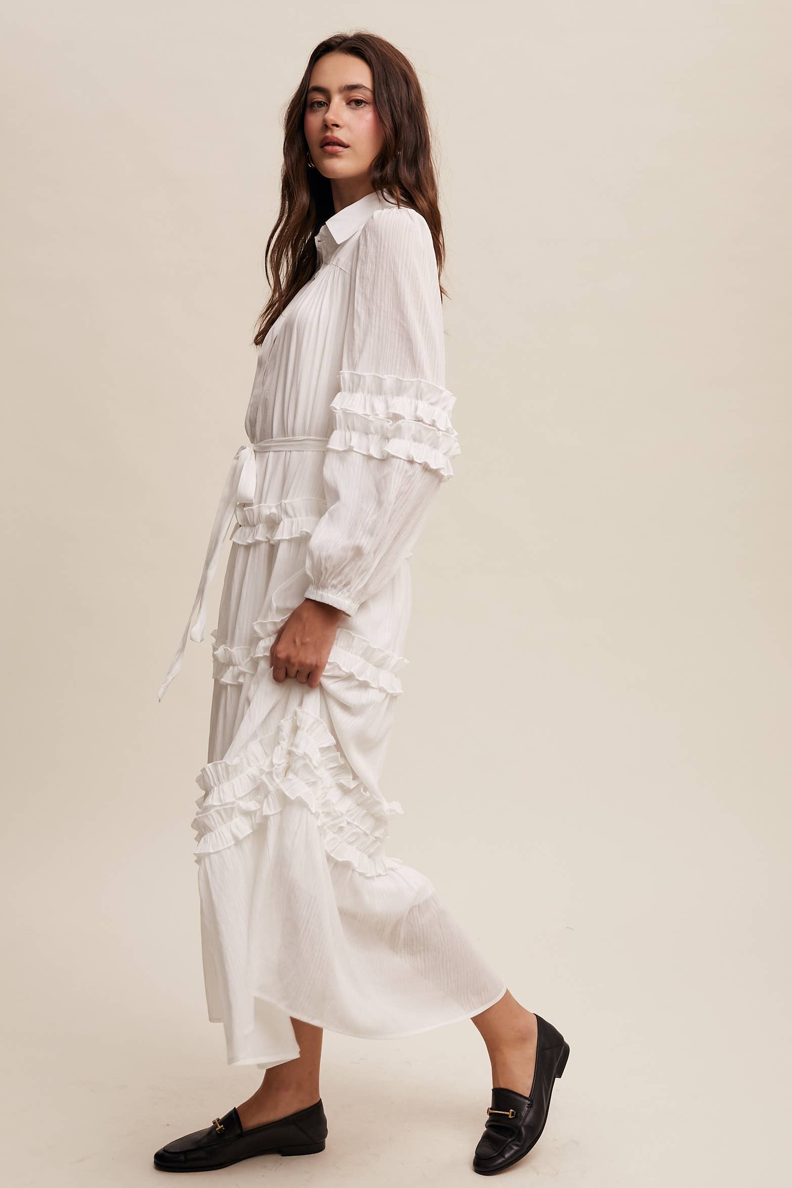 Listicle - Wholesale Dress - Women's - Ruffled Belted Maxi Shirt Dress LD14966