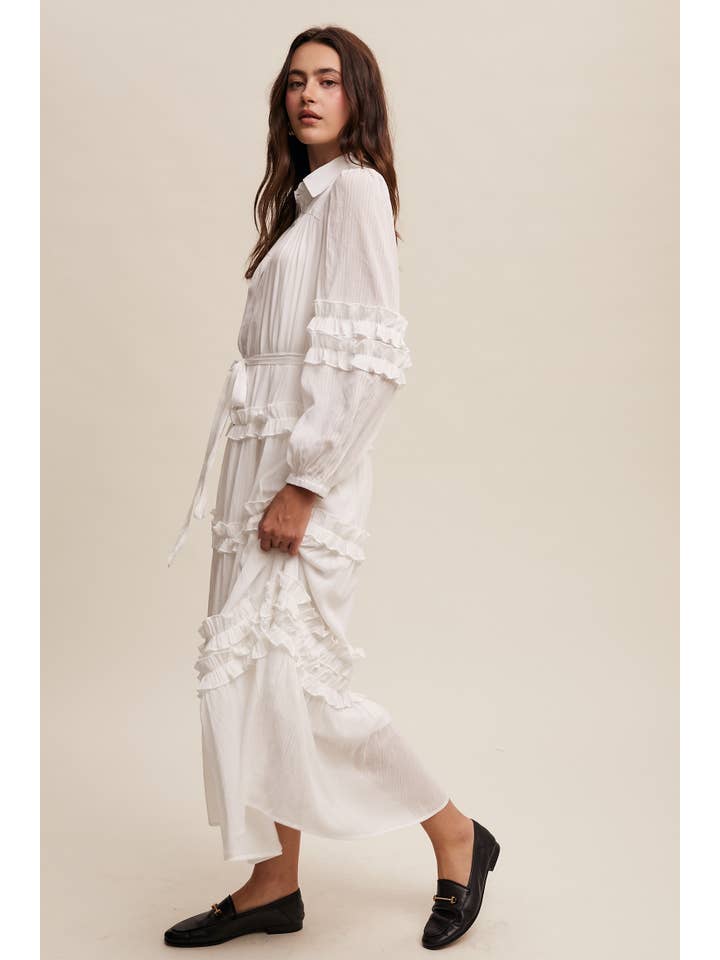 Listicle - Wholesale Dress - Women's - Ruffled Belted Maxi Shirt Dress LD14966