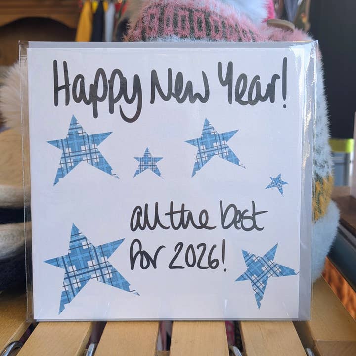 Happy New Year - all the best for 2026! Blue Tartan Stars for wholesale by F and B Cards