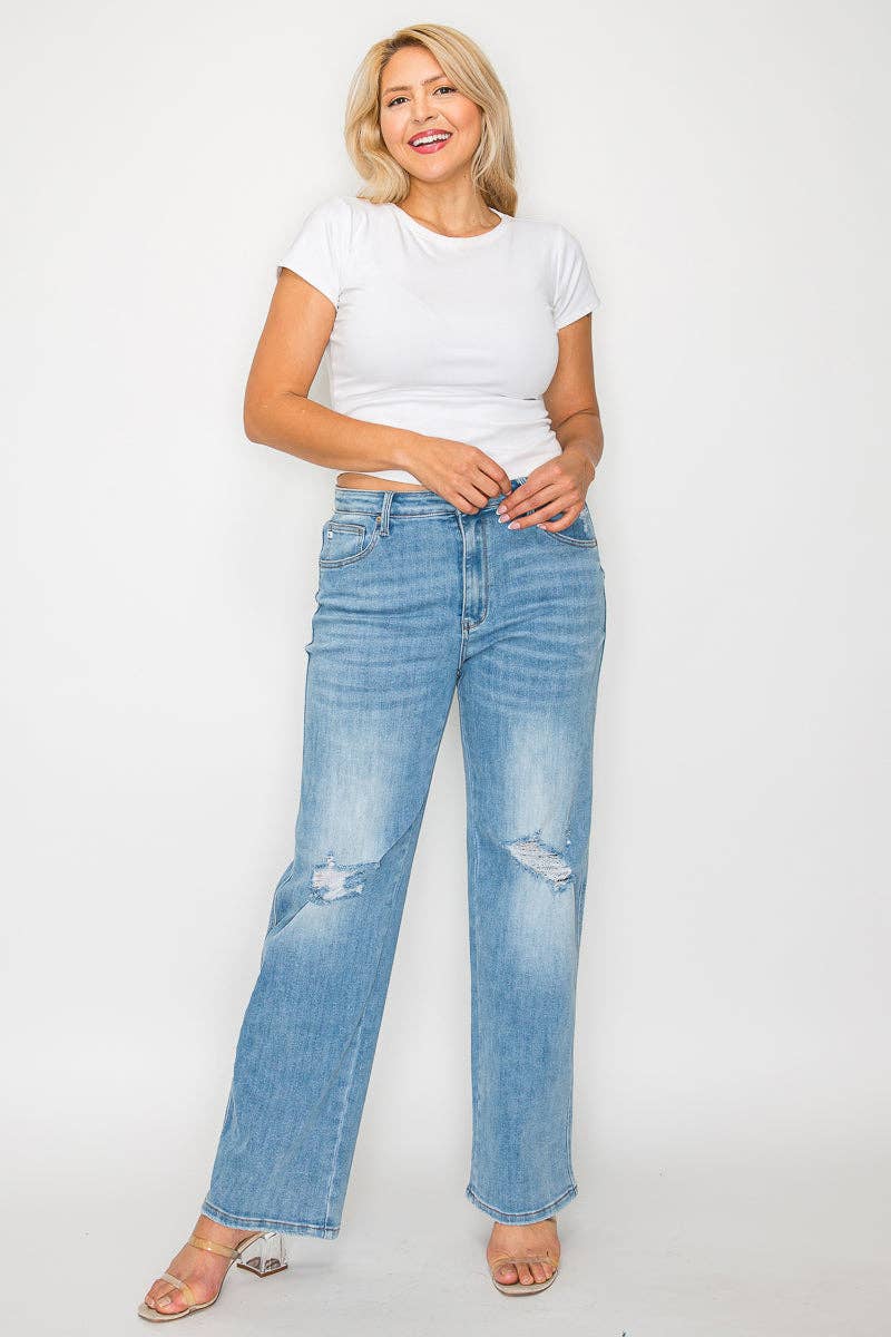 Blå PLUS SIZE HØJTALJET JEANS MED LIGE BEN # BT5004X for engroshandel på Faire8