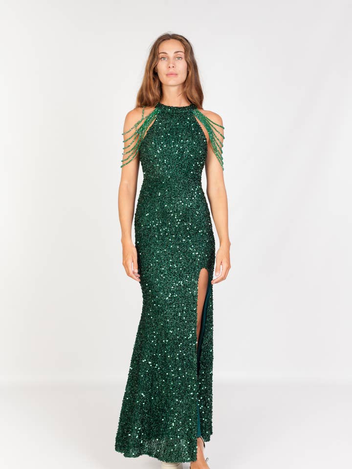 IRENE EMERALD GREEN EVENING DRESS WITH SLIT for wholesale by SOHUMAN