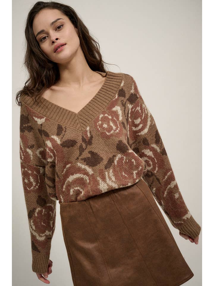 Promesa USA - Wholesale Knit Sweater - Women's - Floral V Neck Long Sleeve Loose Fit Sweater