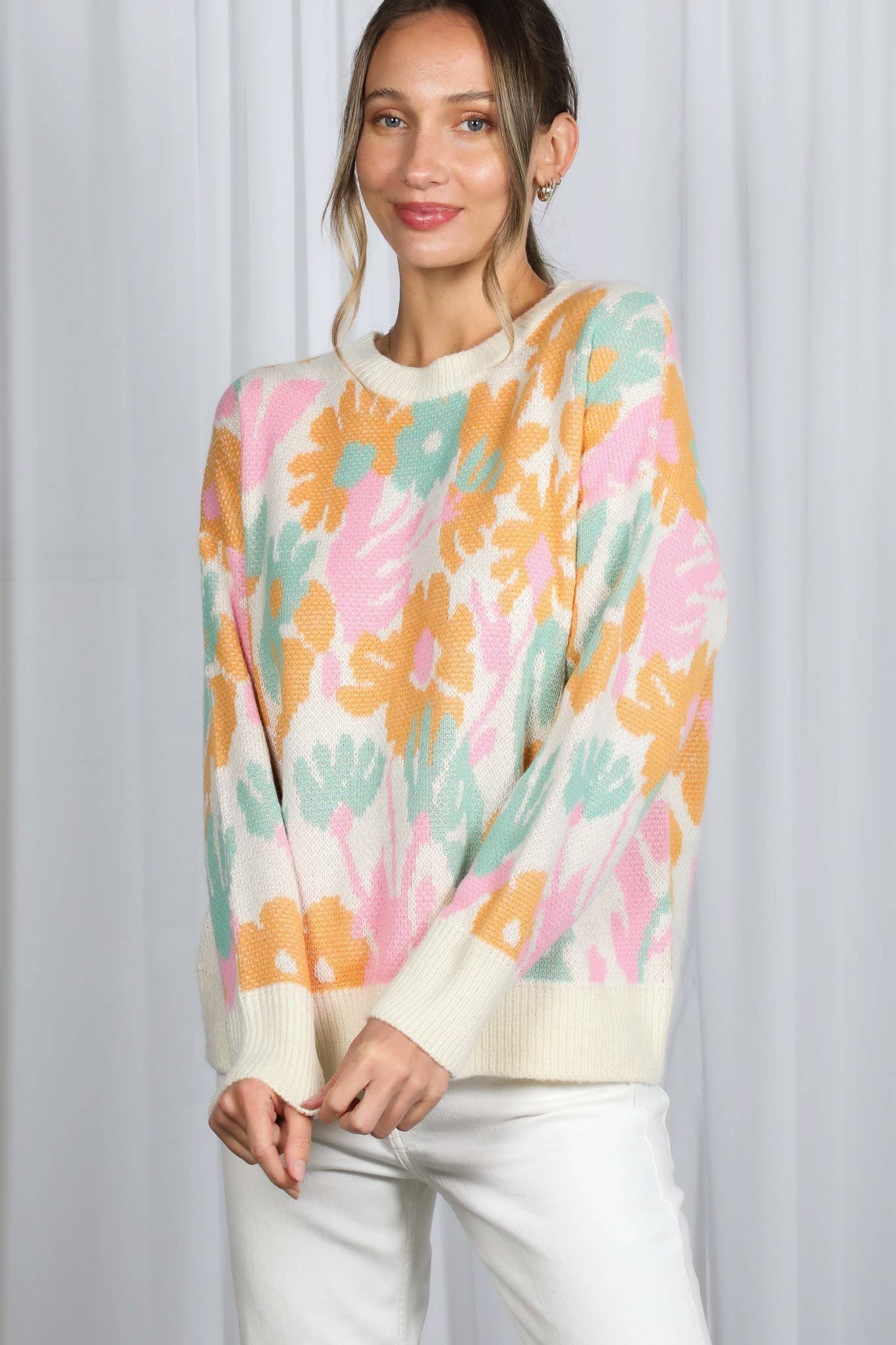 Cream Multi Floral Jacquard Knitted Sweater Top VT82628 for wholesale on Faire16