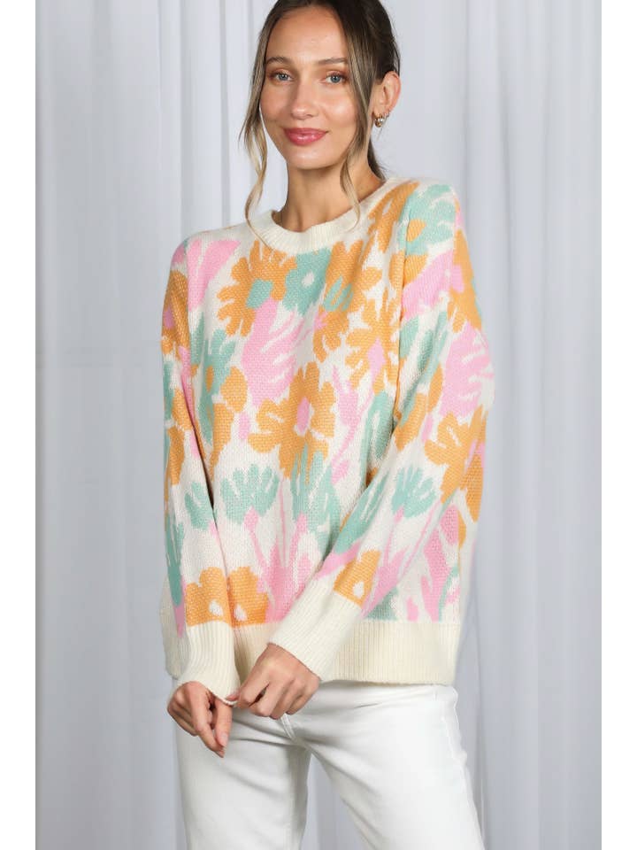 Cream Multi Floral Jacquard Knitted Sweater Top VT82628 for wholesale on Faire16