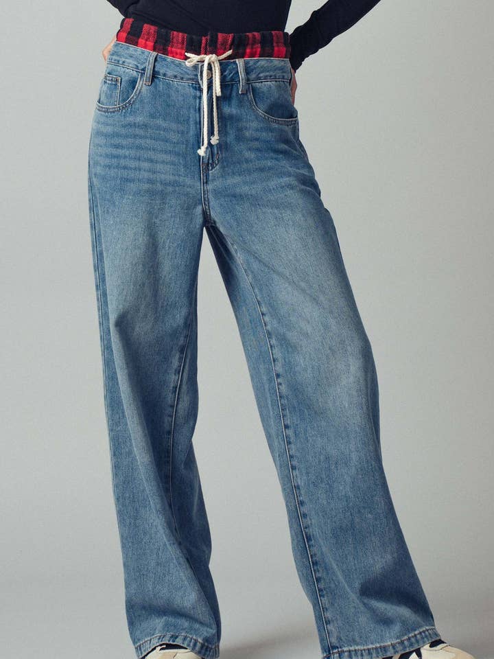 Checked Waist Denim Pants with Drawstring for wholesale by Fashion Week