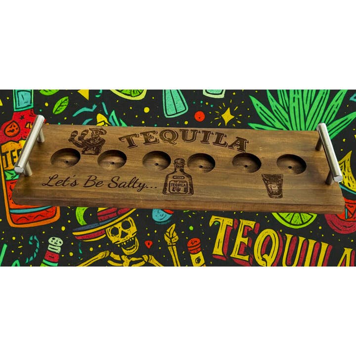 Tequila Shot Glass Flight Board with Bourbon Recipe Book QR for wholesale by Wooden Nose Gift Shop