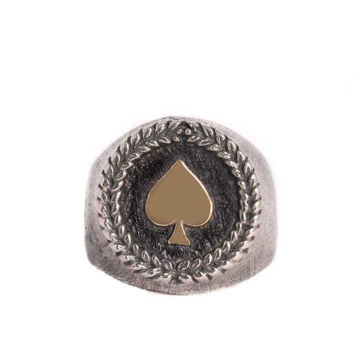 JewelryLab - Venta al por mayor Anillo de sello - Anillo de As de Picas - Plata de Ley 925 con Emblema de Latón