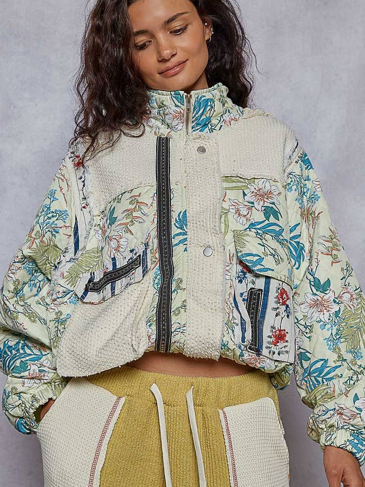 High neck quilted print woven hooded jacket for wholesale by Pol Clothing