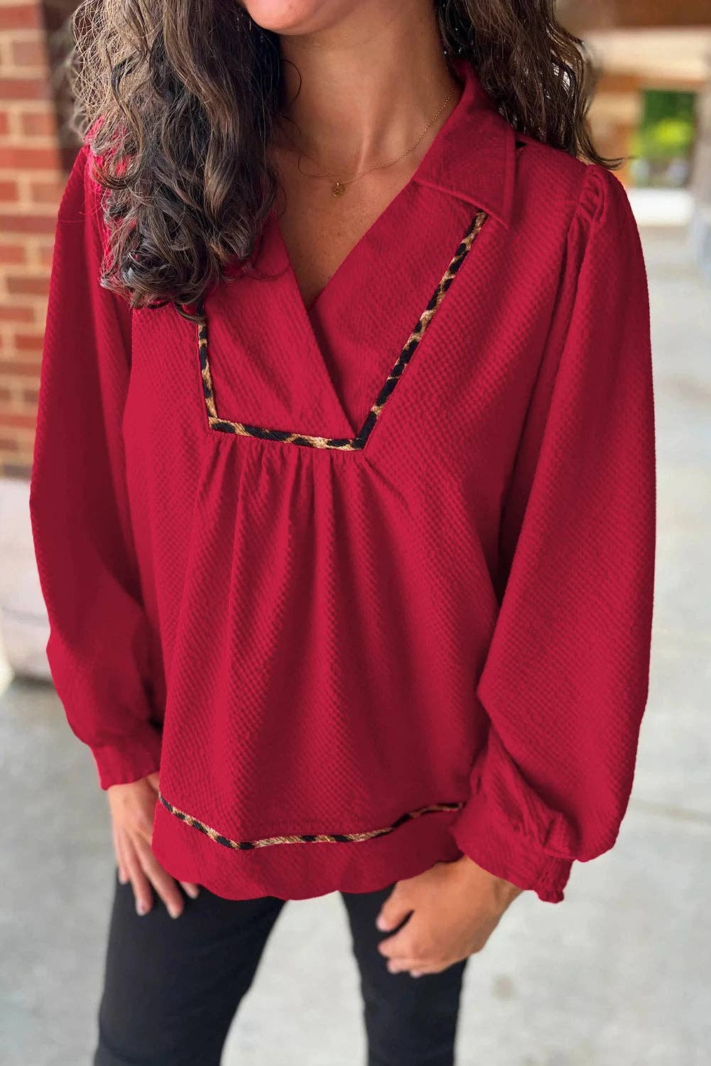 Fiery Red Collar V Neck Leopard Contrasted Trim Textured Blouse for wholesale on Faire0