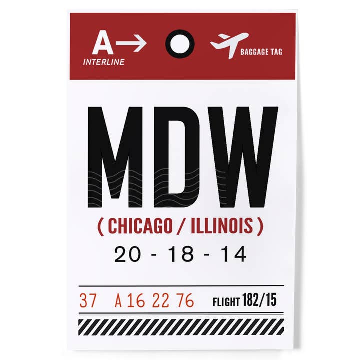 AFFICHES D'ART Chicago, Illinois, MDW, Étiquette de bagage pour la vente par Lantern Press