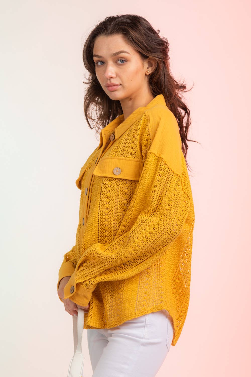 YELLOW NJ90118-Lace Crochet Button Down Sheer Shacket for wholesale on Faire6