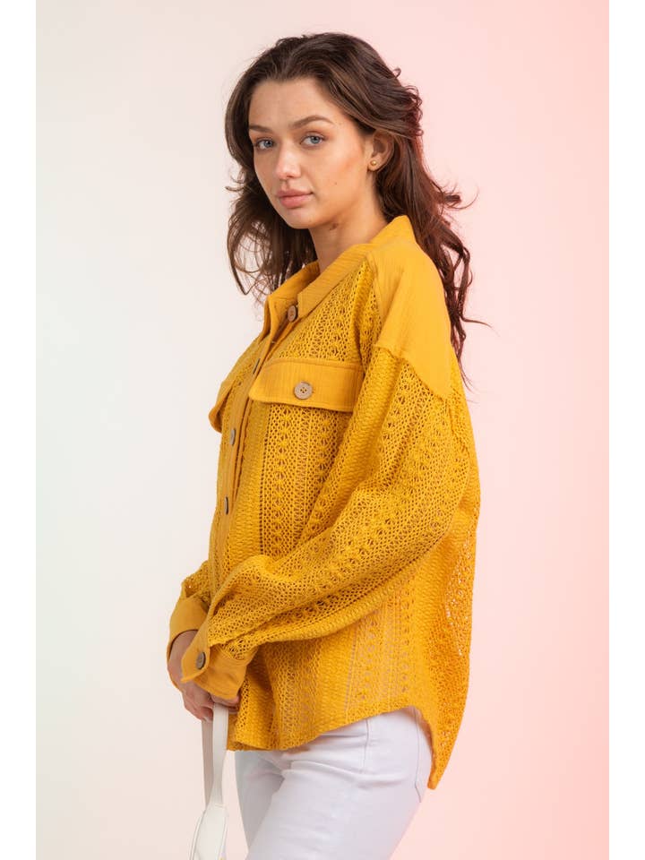 YELLOW NJ90118-Lace Crochet Button Down Sheer Shacket for wholesale on Faire6
