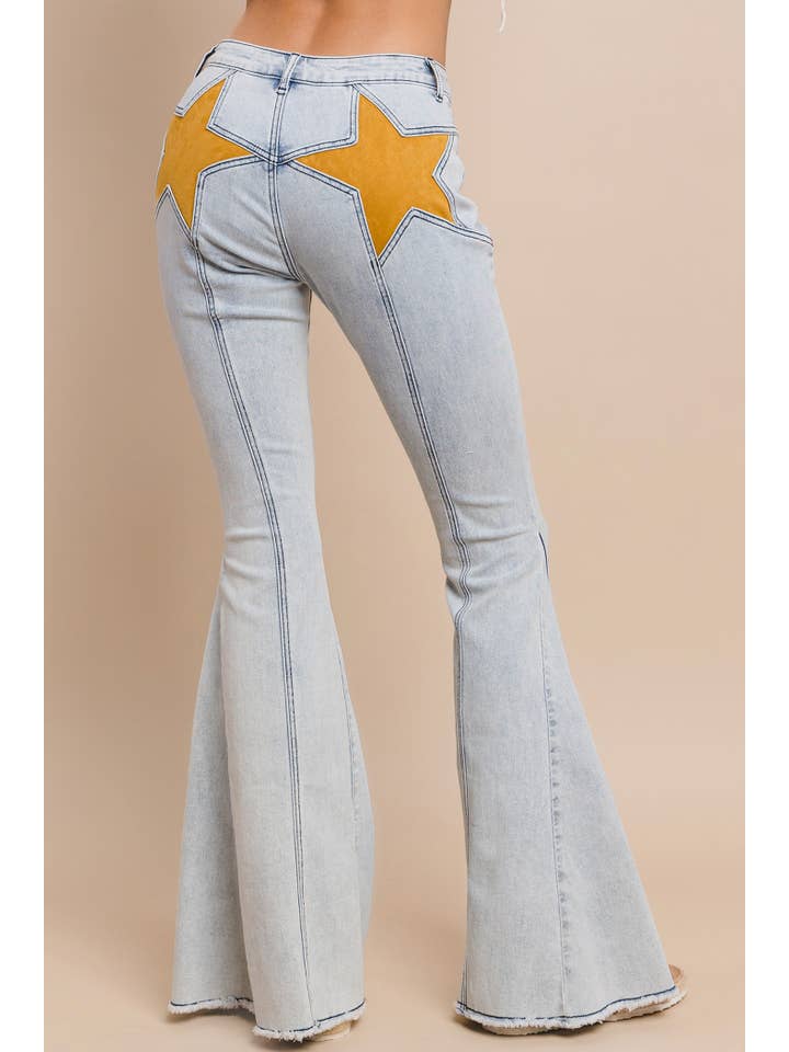 WISTERIA LANE - Wholesale Jeans - Women's - SUEDE STAR FLARED DENIM PANTS - 2317 LT DENIM/ YELLOW