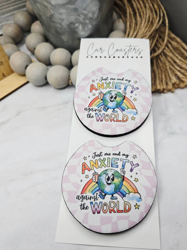 Anxiety World Car Coasters for wholesale by Woody Bee Creations