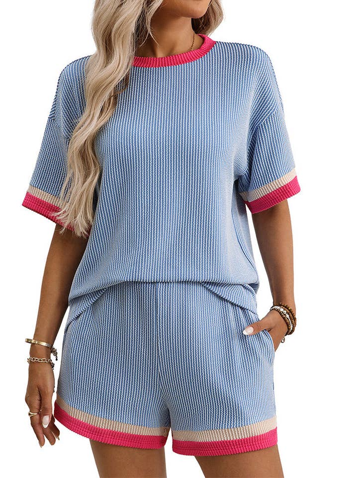 Lovesoft - Wholesale Lounge Set - Women's - Two Piece Contrast Trim Casual Knit Summer Set