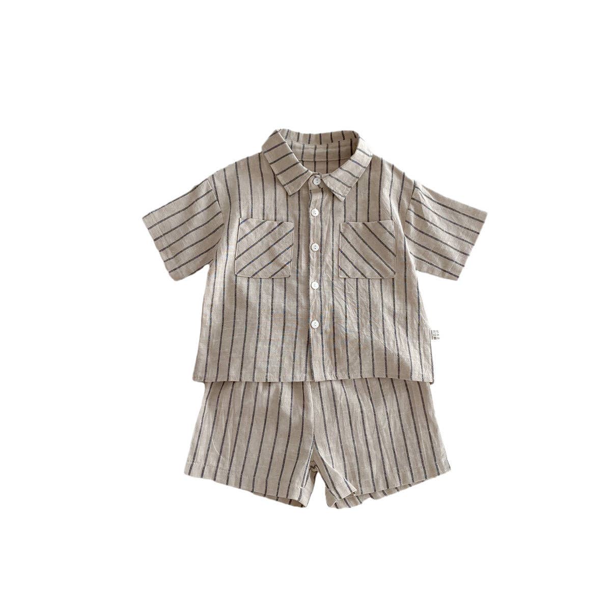 Khaki Spring Baby Kids Unisex Striped Top Shirt And Shorts Clothing Set for wholesale on Faire5