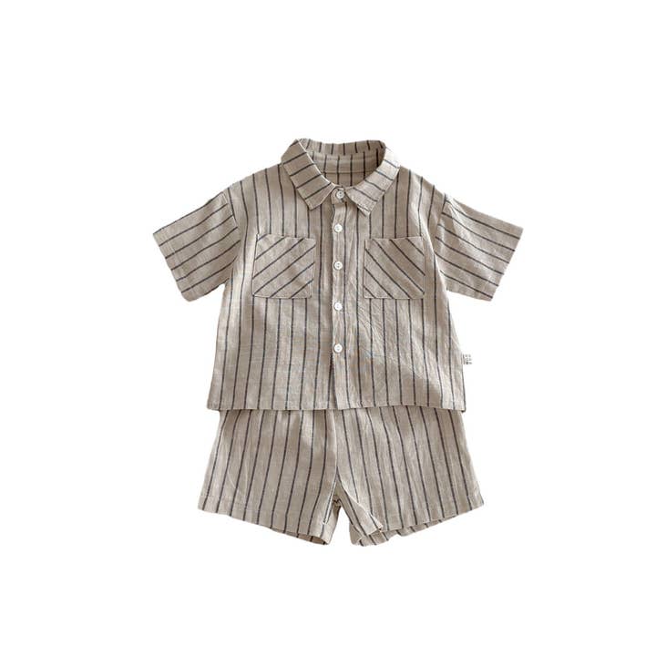 Khaki Spring Baby Kids Unisex Striped Top Shirt And Shorts Clothing Set for wholesale on Faire5