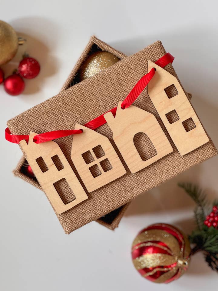 Christmas Village Ornament Set for wholesale by Camino Woodshop