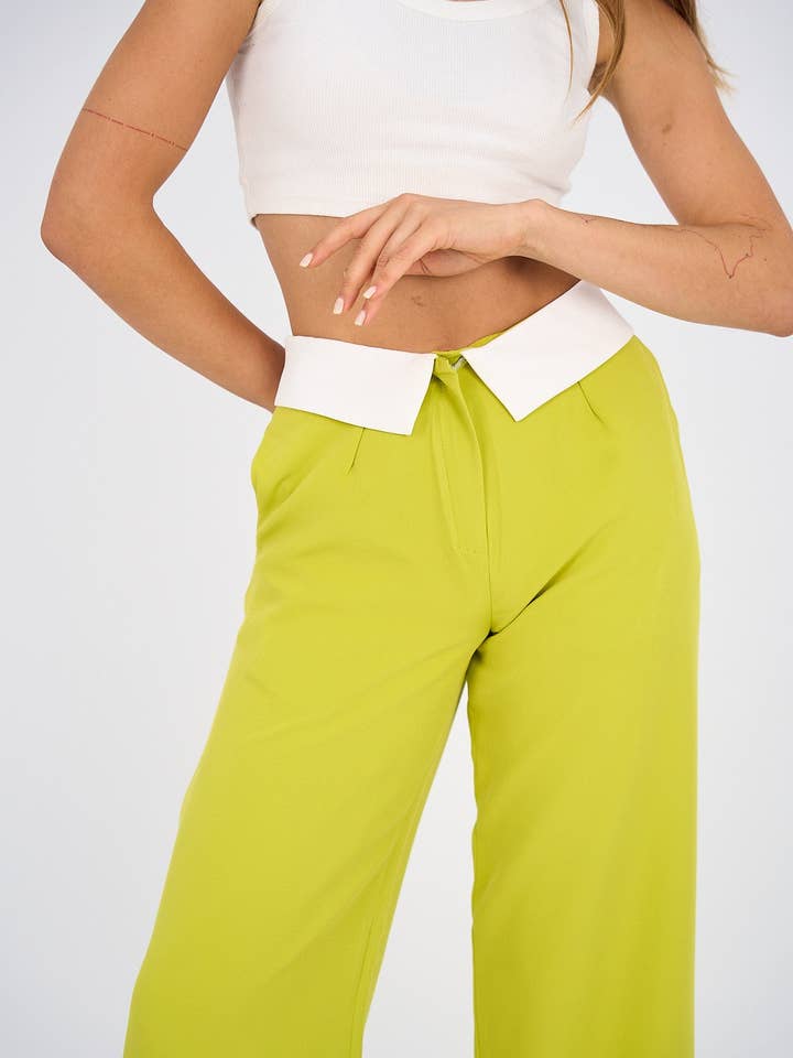 Hushy Wear - Wholesale Pants - Women's - Reversed Waistband Wide Leg Pants - Lime Green