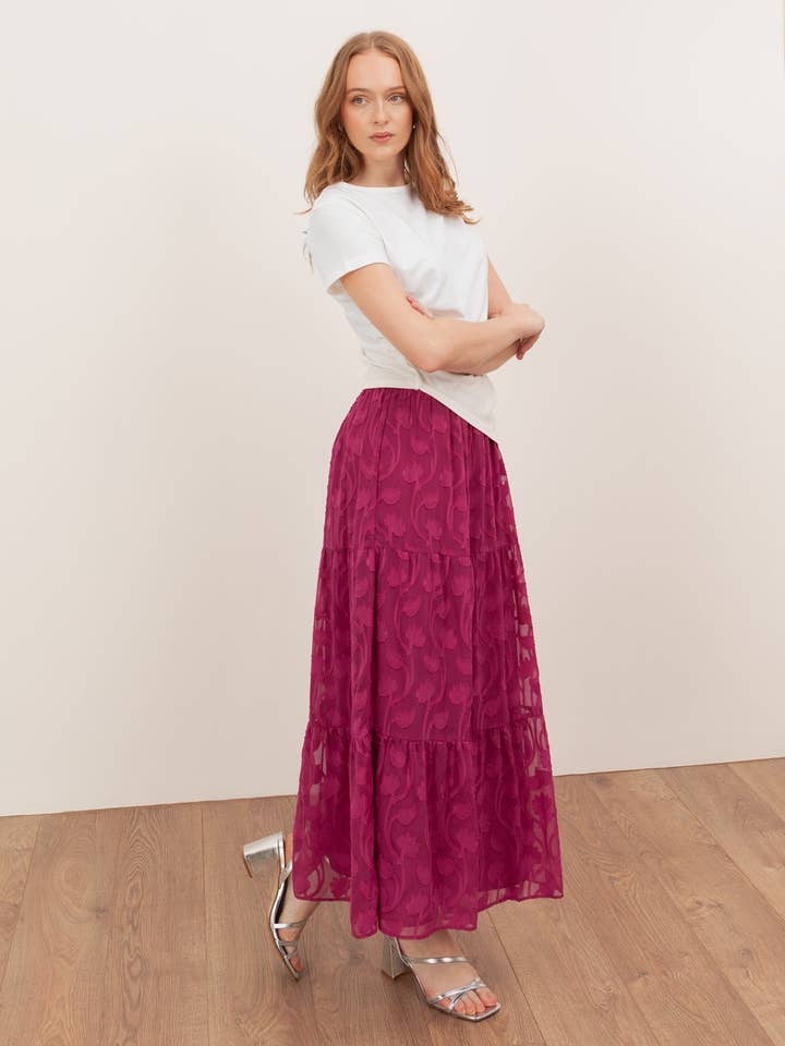 Lovedrobe Fuchsia Floral Burnout Tiered Maxi Skirt for wholesale by Plaza Collection Ltd