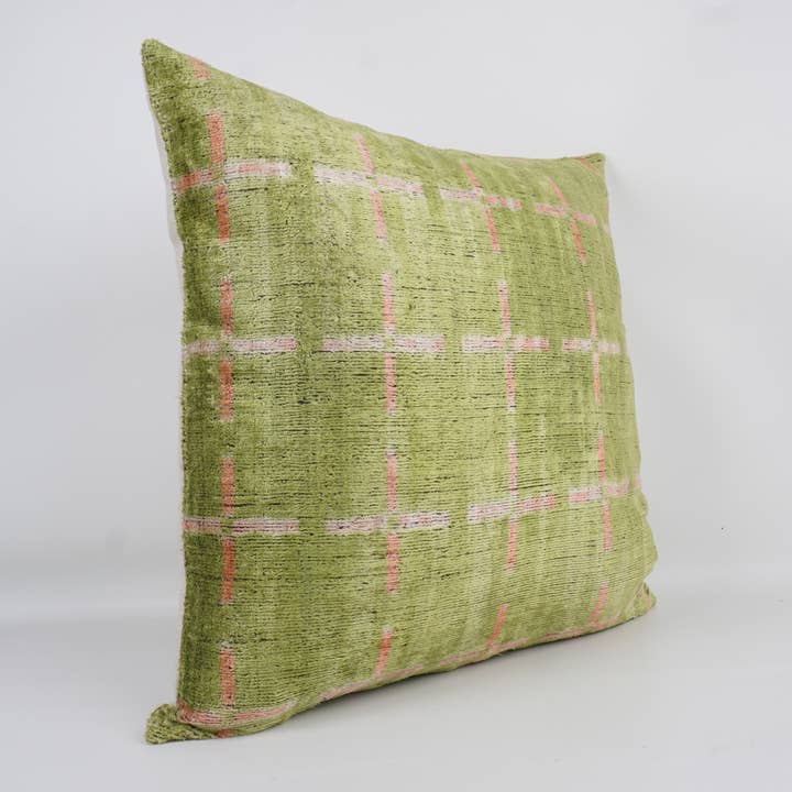 MD Home - Wholesale Throw Pillow Cover - GREEN/PINK- IKAT SILK/VELVET PILLOWCASE 20"x20"2