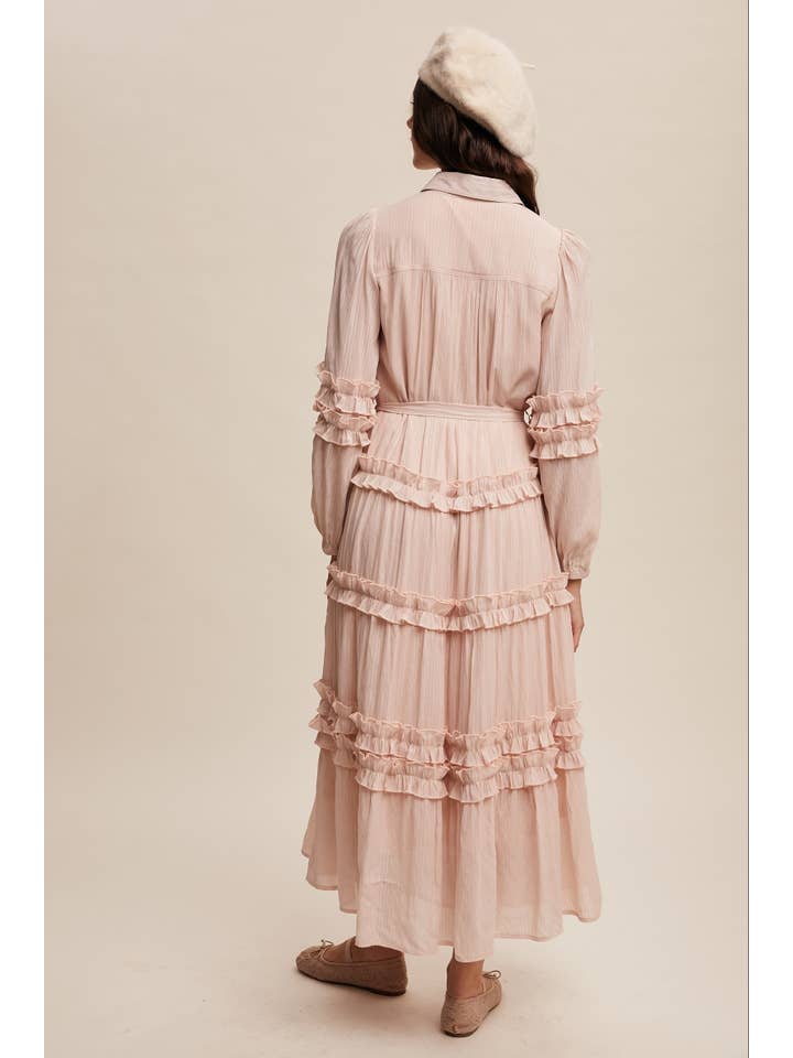 Listicle - Wholesale Dress - Women's - Ruffled Belted Maxi Shirt Dress LD149628