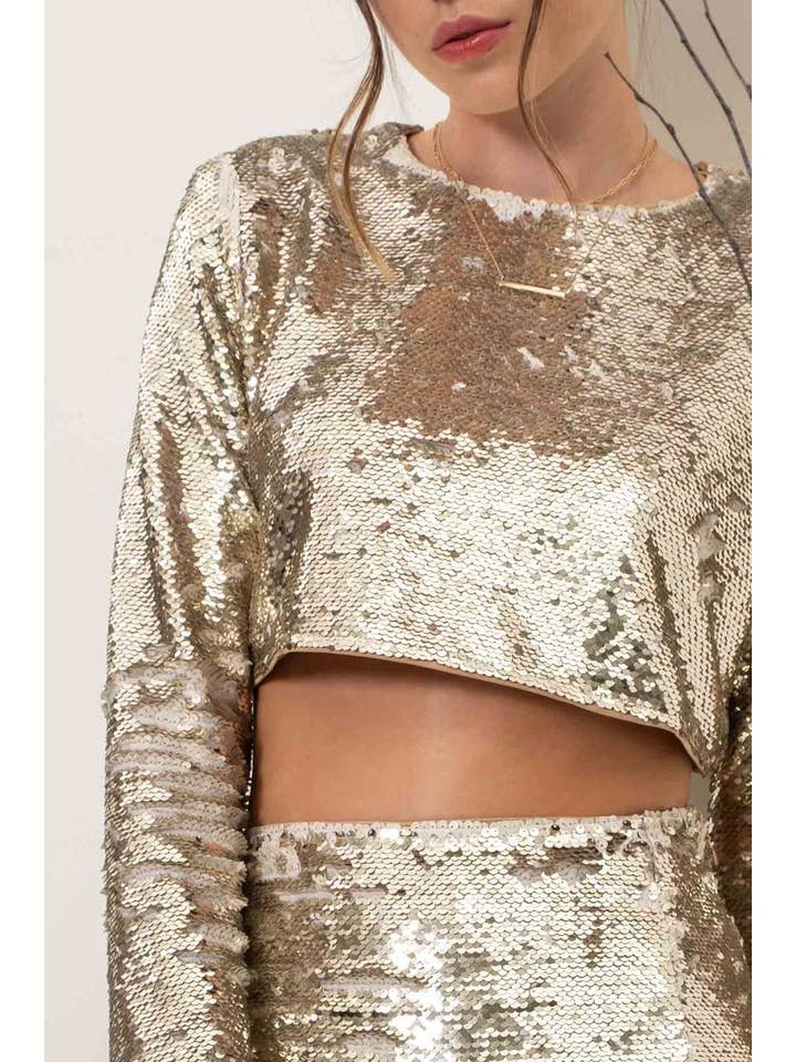 Blu Pepper - Wholesale Blouse - Women's - SEQUIN LONG SLEEVE CROP TOP