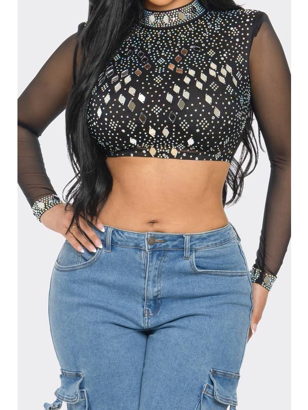 BANJUL – wholesale Blus - Dam – BTS12881 Glittrande Spegel Strassnät Crop Top