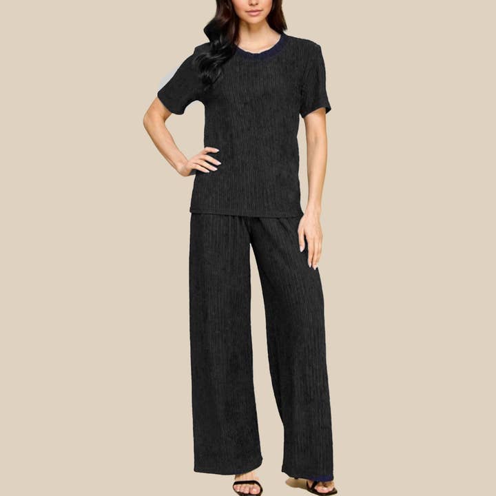 Crinkle Short Sleeve Top & Bottom Set-Black for wholesale by WILD LILAC