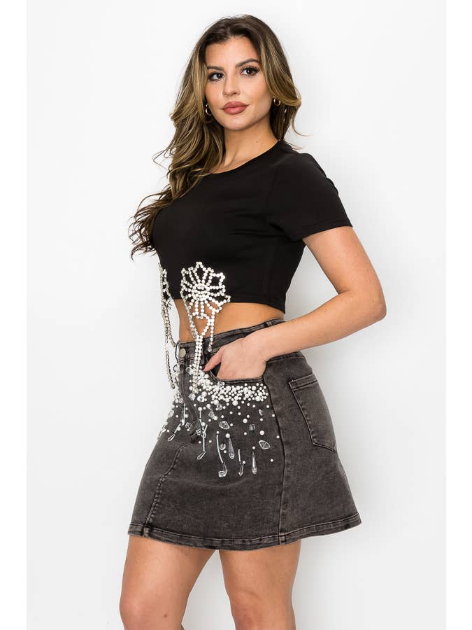 SALT – Engroshandel Nederdel - Dame – (SK1947) Denimnederdele med perler og krystaller i 3 farver1