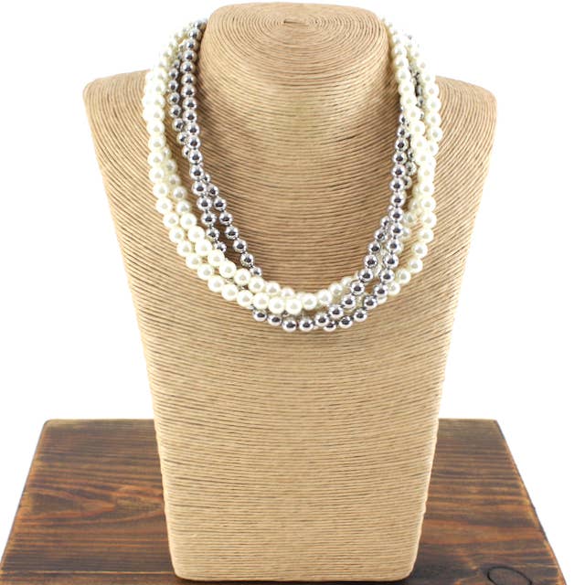 Pretty Persuasions - Wholesale Beaded/pearl necklace - N25279 4 Row Half/Half Faux Pearl Beaded Statement Necklace2