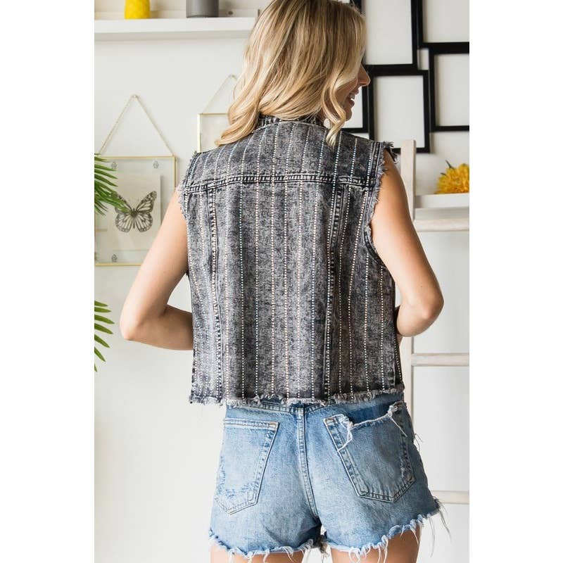 Veveret – Großhandel Oberbekleidungsweste – Damen – Jeansweste mit Strassstreifen und färbiger Waschung4