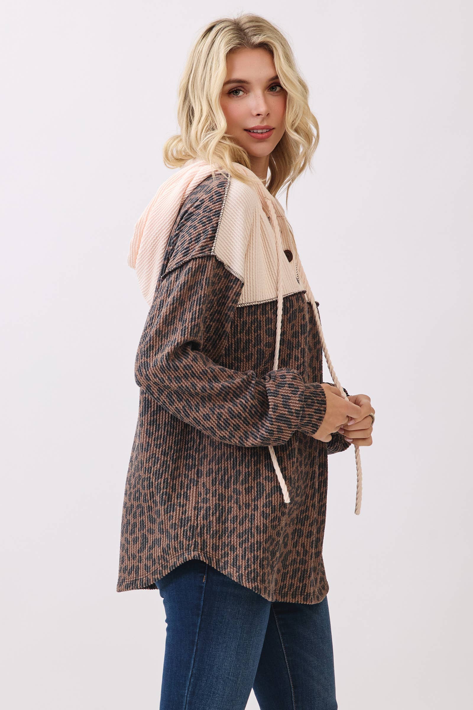 7th Ray - Wholesale Hoodie - Women's - Leopard Print Button Front Drawstring Hoodie T611512