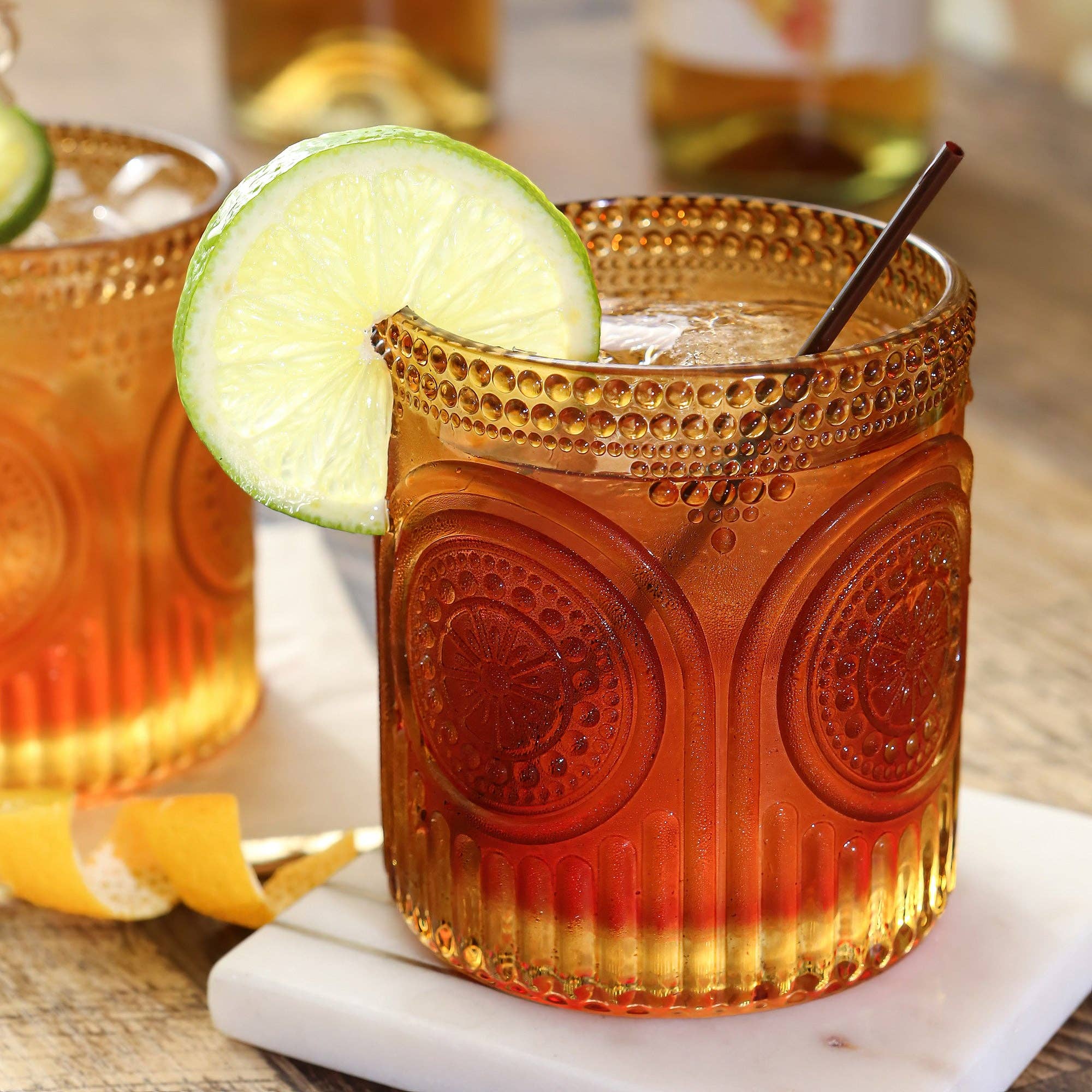 Kate Aspen - Wholesale Cocktail/Liquor Glass - 10 oz. Ribbed Retro Arch Floral Amber Drinking Glasses (Set1