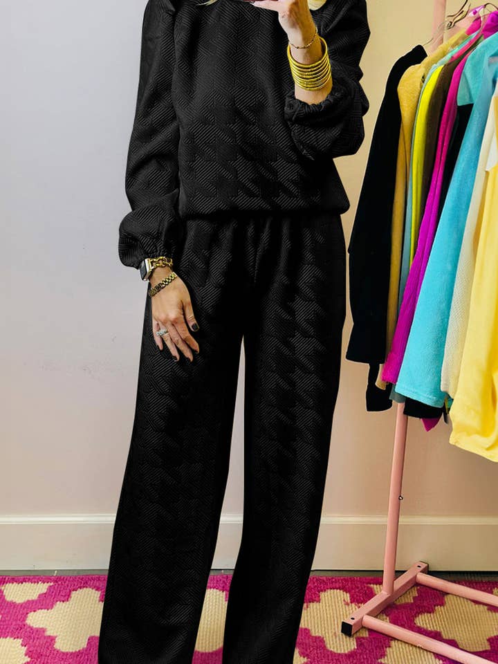 Lovesoft - Wholesale Top & Pant Set (NOT Loungewear) - Women's - Solid Color Textured Puff Sleeve Top and Pants Set
