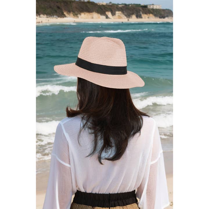 AK Brand - Wholesale Straw hat – women's - Wide Brim Straw Fedora Sun Hat Black Band Panama UV Hat25