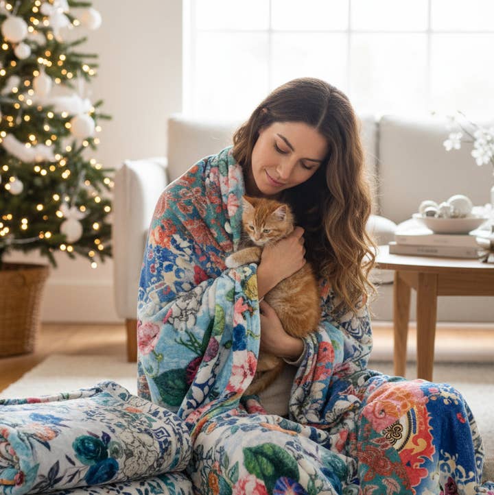 Tolani - Wholesale Throw Blanket - Isabella Blue Floral- Printed Plush Reversible Blanket0