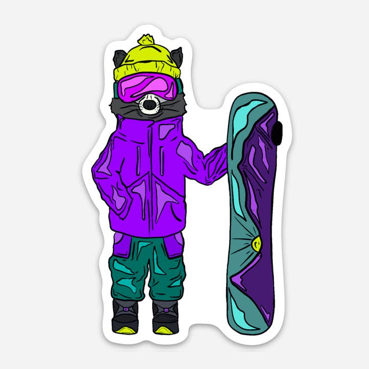 Snowboarding Raccoon Sticker for wholesale by Heartwood Collective
