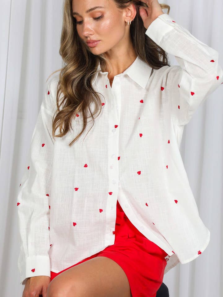 Söt Hjärtbroderad 100% Bomull Överdimensionerade Skjortor VT82866 för wholesale av Vine & Love